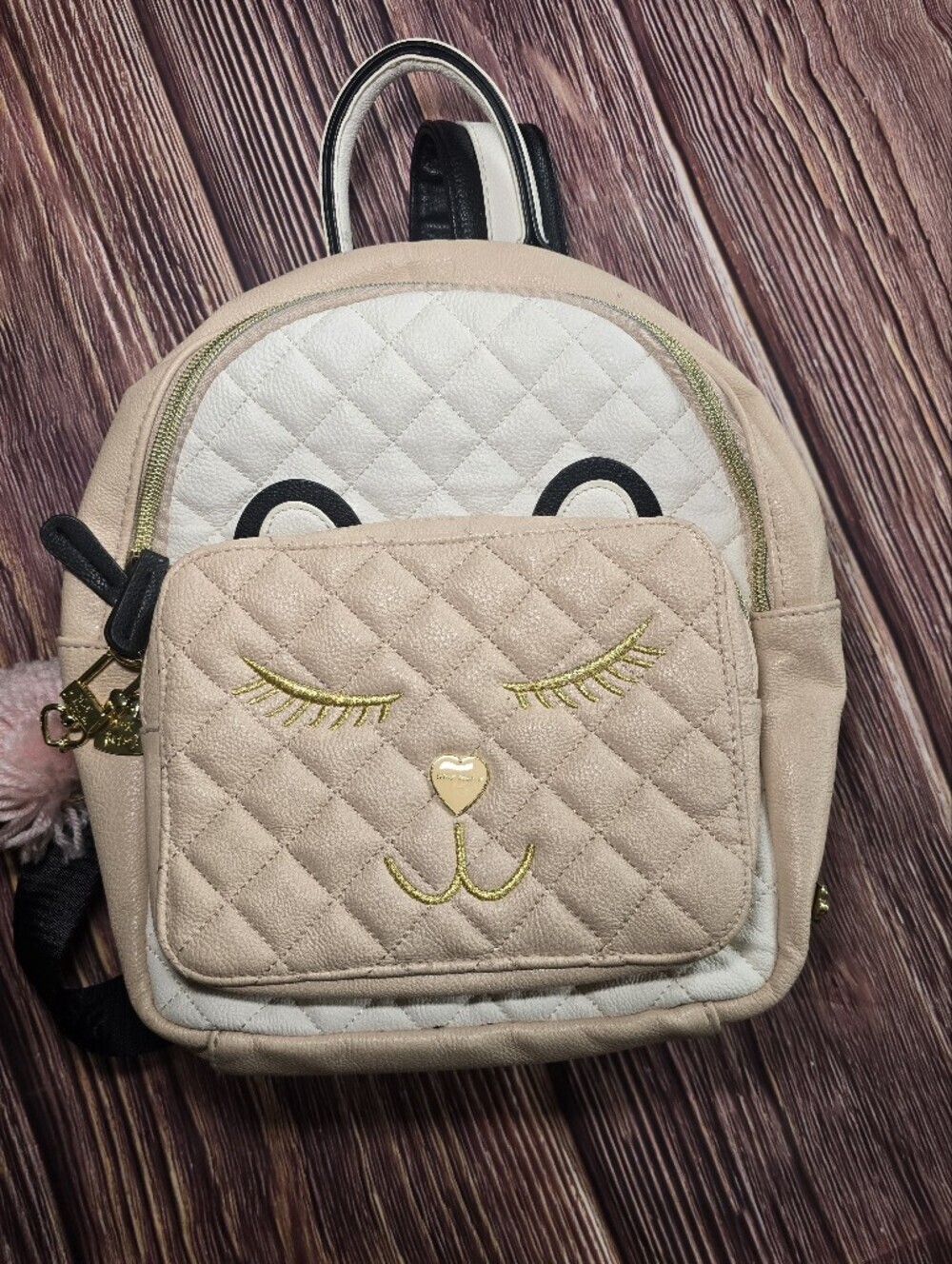 Betsy Johnson Quilted Kitten Face Mini Backpack - Cream & Blush